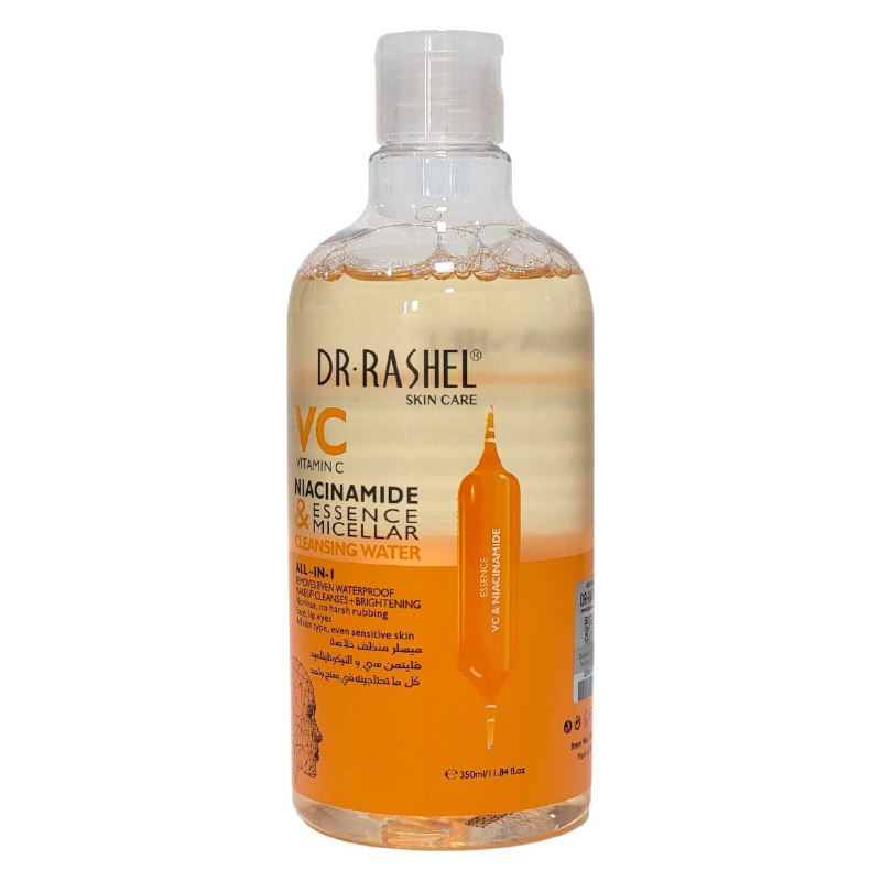 AGUA MICELAR LIMPIADORA CON ESENCIA DE VITAMINA C Y NIACINAMIDA TODO EN 1, REMUEVE EL MAQUILLAJE A PRUEBA DE AGUA, LIMPIA, ILUMINA EL ROSTRO DR RASHEL 350ML