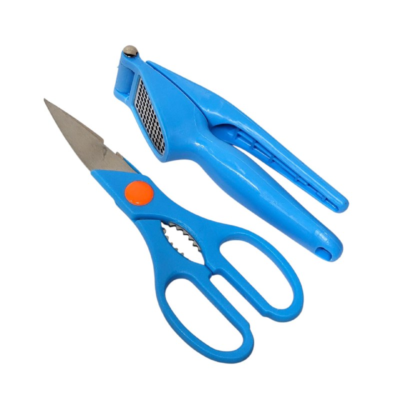 TIJERAS DE COCINAA EN SET MULTIUSOS Y PRENSA DE AJOS E ACERO INOXIDABLE QUE CORTAN CARNES, HIERBAS Y VERURAS, 4 COLORES