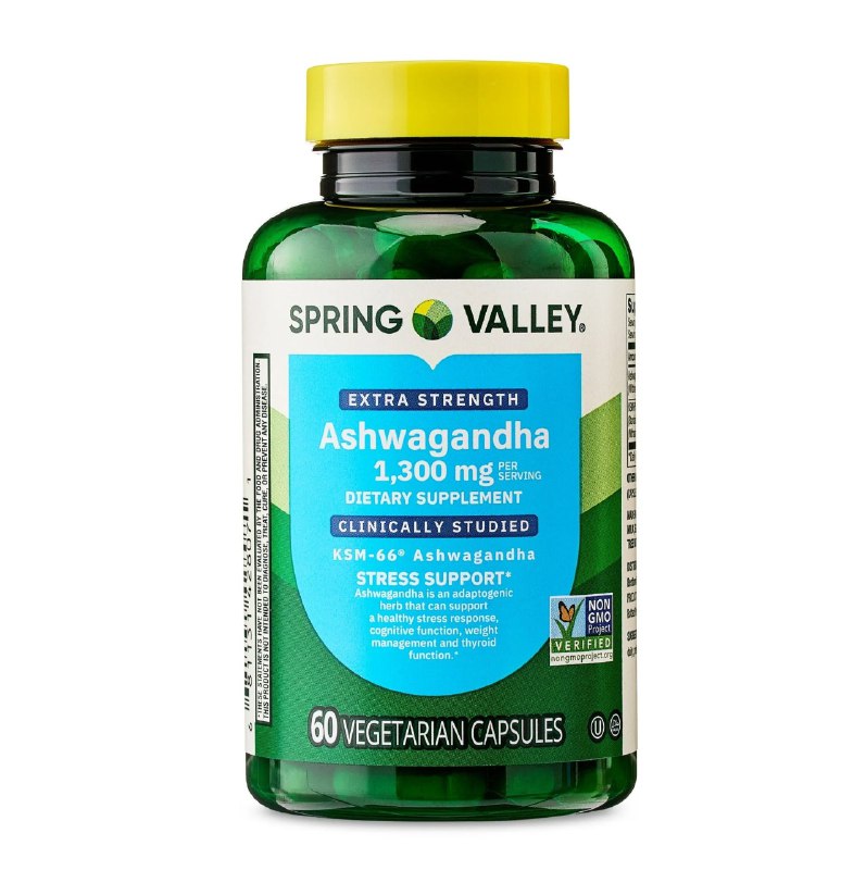 VITAMINAS EN CAPSULAS DE ASHWAGANDHA 1300MG SUPLEMENTO DIETETICO, FAVORECE EN LA DISMINUCION DE ESTRES, FUNCION COGNITIVA Y CONTROL DE PESO SPRING VALLEY 60UND