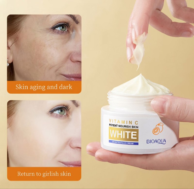 CREMA FACIAL ILUMINADORA BLANCA CON VITAMINA C, TEXTURA CREMOSA Y SUAVE, HIDRATANTE NO GRASOSA BIOAQUA 50G