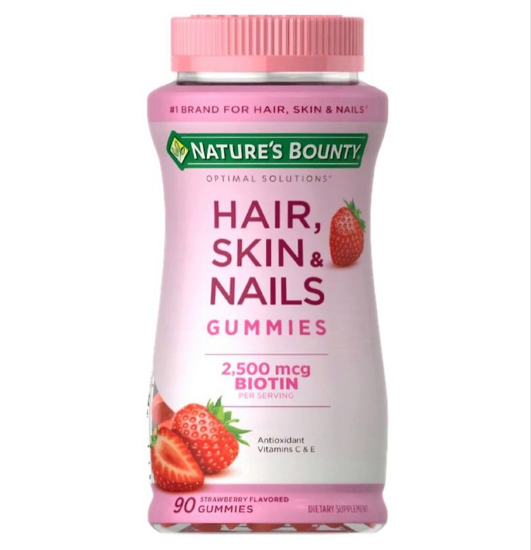 VITAMINAS EN GOMITAS SABOR FRESA PARA EL CABELLO, PIEL Y UÑAS AVANZADO 2500MCG BIOTINA 90UND NATURE'S BOUNTY