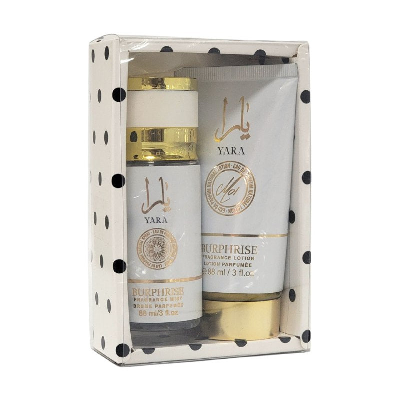 SET MINI YARA MOI BURPHRISE SPLASH 88ML, BODY LOTION 88ML (M) (AROMA SIMILAR LATTAFA YARA MOI)