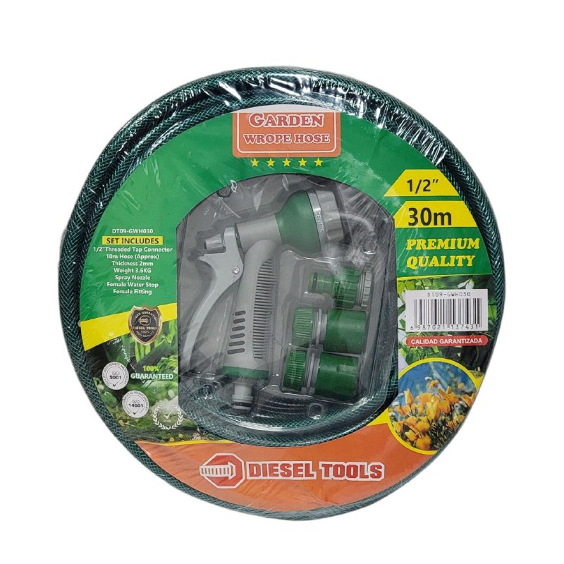 MANGUERA DE 1/2 Y 30MTS DE LARGO, BOQUILLA ROCIADORA AJUSTA LA PRESION Y TIPO DE CHORRO DE AGUA GARDEN WROPE