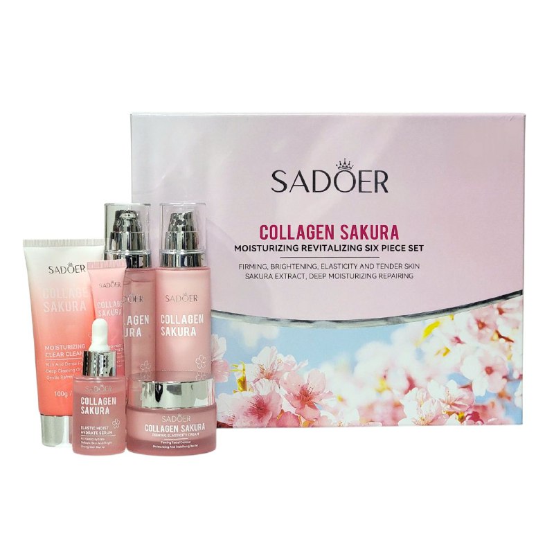 SET TRATAMIENTO FACIAL DE 6 PIEZAS DE SAKURA, EFECTO REAFIRMANTE, ILUMINADOR, ELASTICIDAD DE LA PIEL E HIDRATACION REPARADORA SADOER COLLAGEN SAKURA