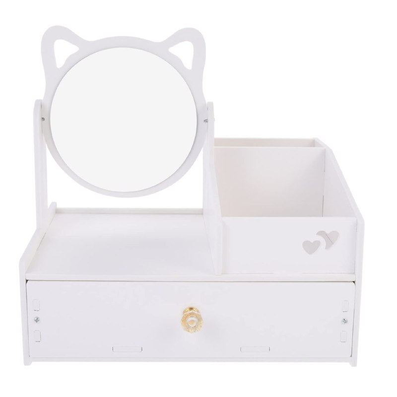 ESTANTE ORGANIZADOR DE MAQUILLAJE O JOYERIA COLOR BLANCO CON ESPEJO DISEÑO DE GATO 29X20X17CM