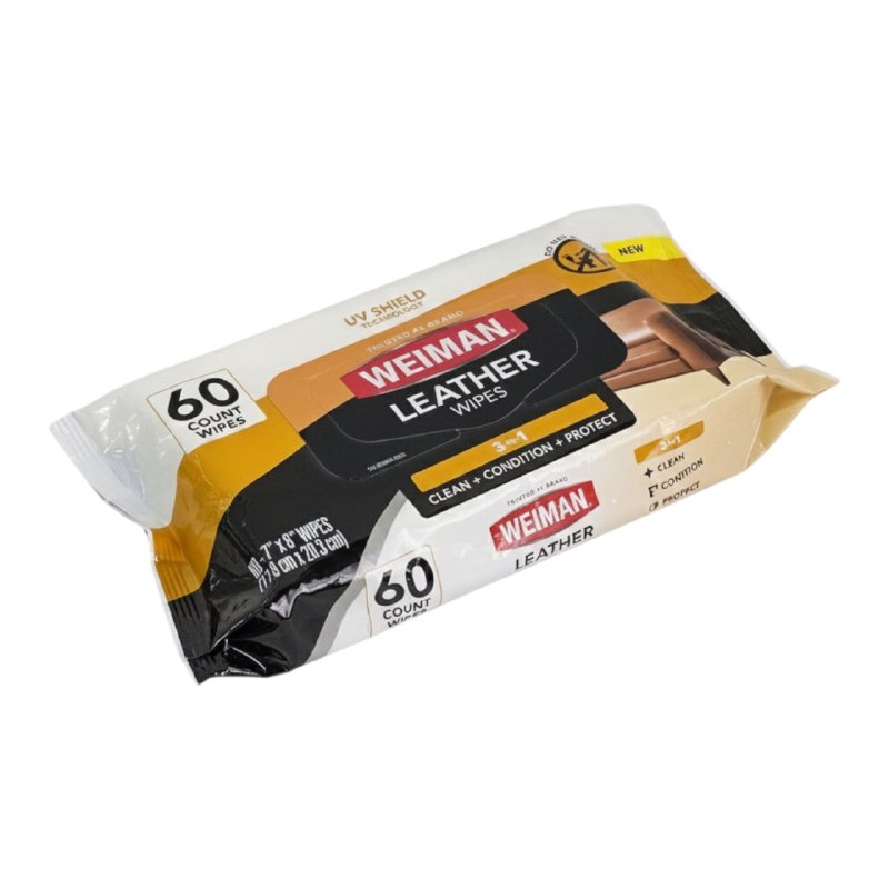 LIMPIADOR TOALLITAS 3 EN 1 QUE LIMPIAN, ACONDICIONAN Y PROTEGEN SUPERFICIES DE CUERO DANDOLE ELASTICIDAD Y BRILLO WEIMAN 60UND