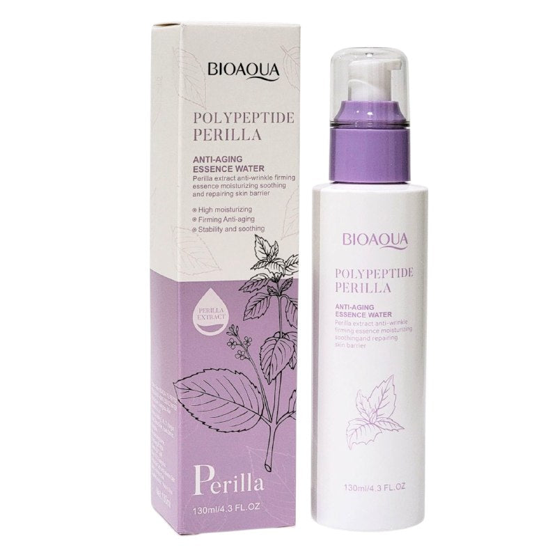 TONICO FACAL AGUA ESENCIAL ANTIENVEJECIMIENTO DE POLIPÉPTIDO PERILLA 130ML, CON TEXTURA HUMEDA, CLARA Y DE RAPIDA ABSORCION QUE REPONE LA HUMEDAD, CALMA, REPARA Y HABLANDA LA PIEL DEJANDOLA SUAVE Y BRILLANTE BIOAQUA