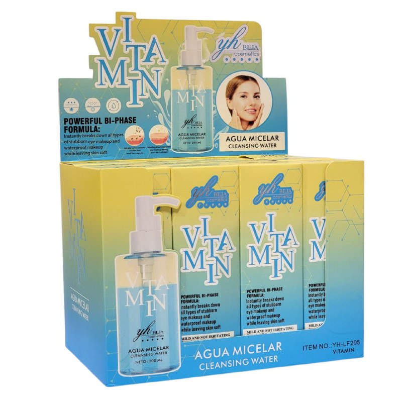 AGUA MICELAR CON VITAMINAS DE LIMPIEZA PROFUNDA 200ML, RESISTENTE AL AGUA QUE SE ADAPTA PERFECTAMENTE A LA PIEL PROTEGIENDOLA CONTRA DAÑOS EXTERNOS DEJANDOLA SUAVE Y FRESCA YH BEJA COSMETICS