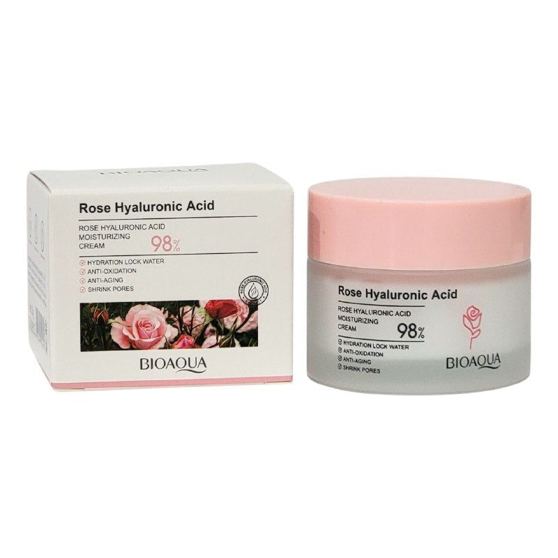 CREMA FACIAL DE ACIDO HIALURONICO DE ROSA, HIDRATANTE DE TEXTURA LIGERA Y SUVAE, HIDRATA, REPONE EL AGUA Y BLANQUEA SUAVEMENTE LA PIEL BIOAQUA 50G