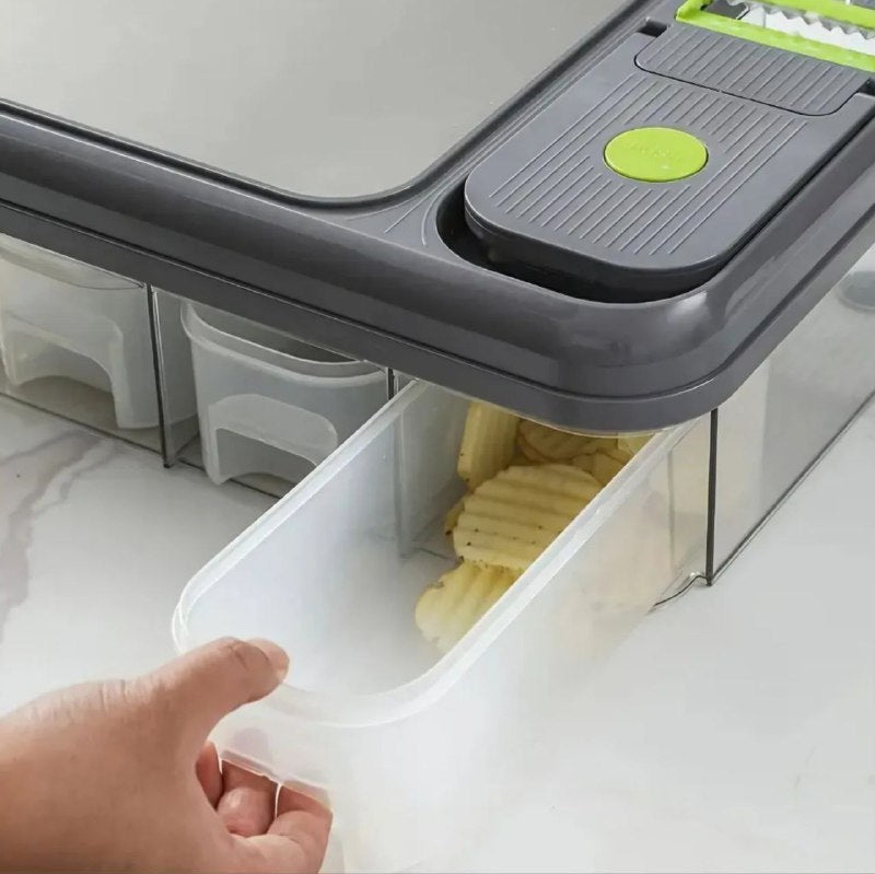 MAQUINA CHISMOLERA DE 28 PIEZAS MULTIUSOS TODO EN UNO, CUCHILLAS INTERCAMBIABLES DE ACERO INOXIDABLE Y 4 COMPARTIMIENTOS CUTTING BOARD 13X30X45CM