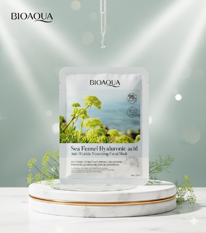 MASCARILLA FACIAL DE ACIDO HIALURONICO DE HINOJO MARINO REJUVENECEDOR 25G, DISEÑADA PARA NUTRIR Y REJUVENECER LA PIEL, TELA LIGERA Y TRANSPIRABLE QUE HIDRATA PROFUNDAMENTE DEJANDO LA PIEL SUAVE BIOAQUA