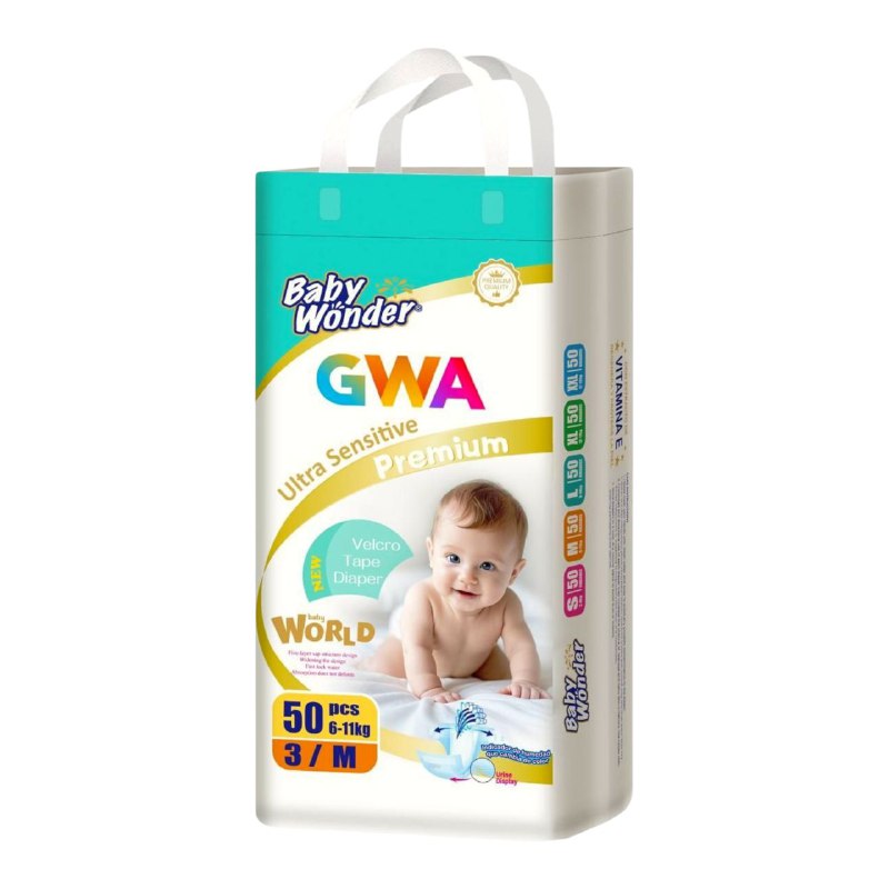 PAÑALES PARA NIÑOS PREMIUM CON TECNOLOGIA ABSORBENTE GWA 50UND TALLA 3/M DE 6-11KG