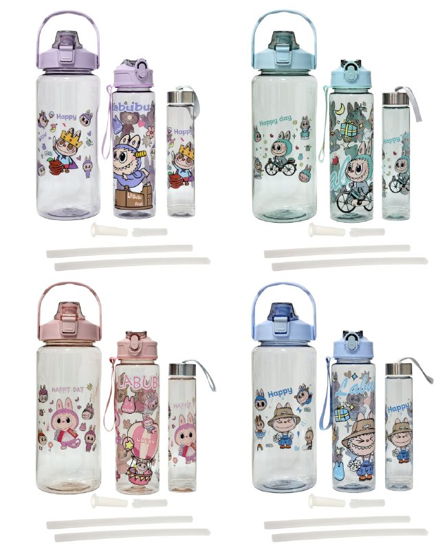 BOTES DE AGUA EN SET DE 3 PIEZAS DE LABUBU, 4 COLORES