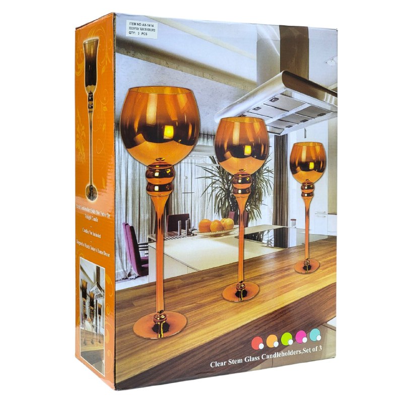 DECORACION CANDELERO EN SET DE 3 PIEZAS DE COPA CON TALLO DE CRISTAL DORADO ELEGANTE Y RESISTENTE