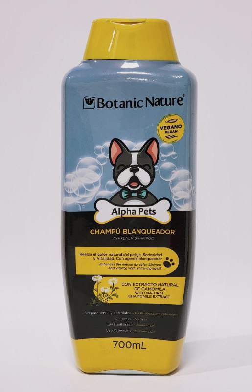 SHAMPOO PARA PERROS BLANQUEADOR CON EXTRACTO NATURAL DE CAMOMILA, PERFECTO PARA PERROS CON PELAJE CLARO, REALZAN EL COLOR NATURAL DEL PELAJE, LIMPIEZA Y VITALIDAD BOTANIC NATURE ALPHA PETS 700ML