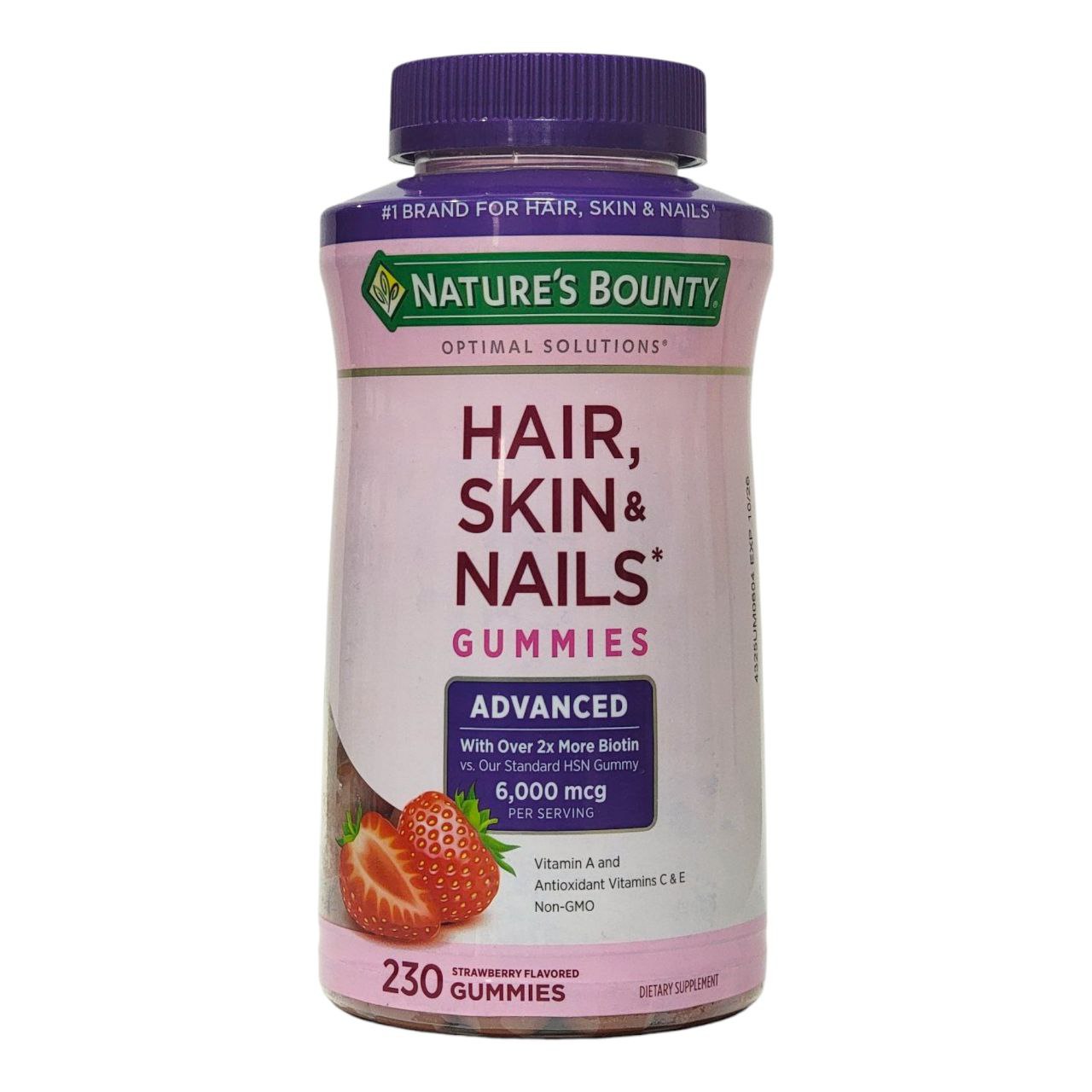 VITAMINAS EN GOMITAS PARA EL CABELLO, PIEL Y UÑAS AVANZADO DOBLE DE BIOTINA 6000MCG, VITAMINA A, C Y E SABOR FRESA NATURE S BOUNTY 230UND