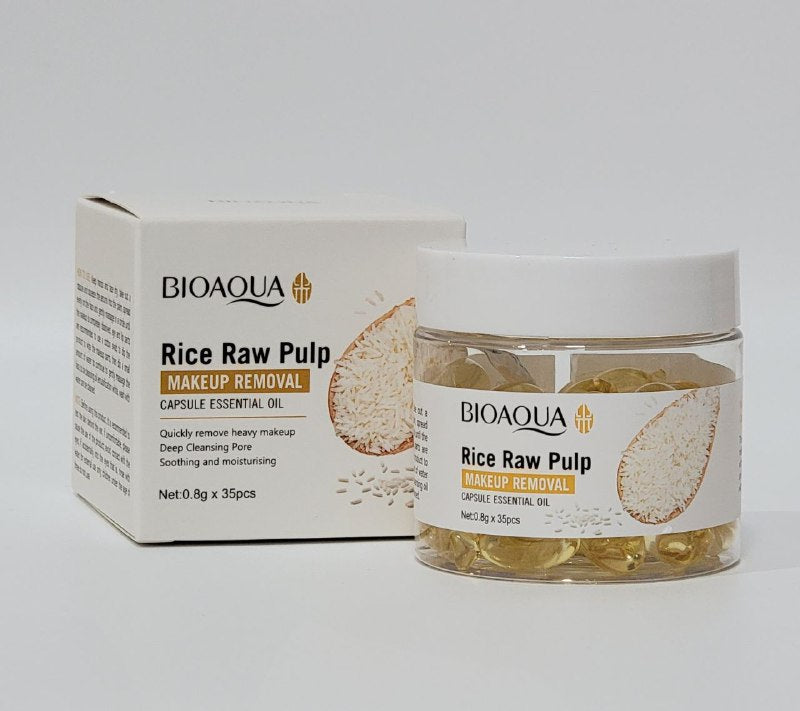 DESMQUILLANTE ACEITE FACIAL ESENCIAL EN CAPSULAS DESMAQUILLANTES DE PULPA CRUDA DE ARROZ, ELIMINA IMPUREZAS EN LA PIEL BIOAQUA 8GX35UND