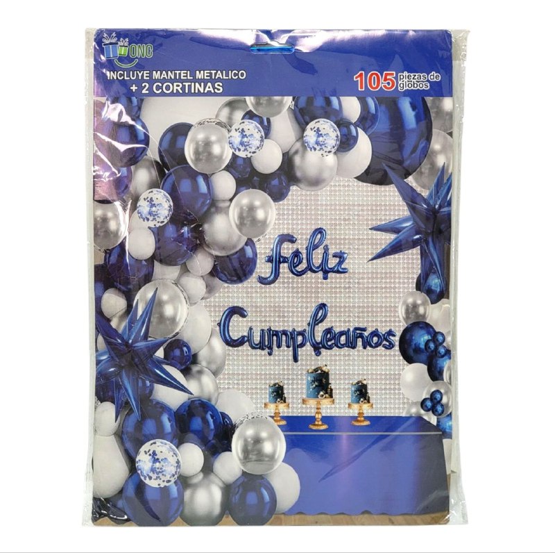 DECORACION PARA CUMPLEAÑOS EN SET COMPLETO, MANTEL METALICO, 2 CORTINAS, 105 GLOBOS