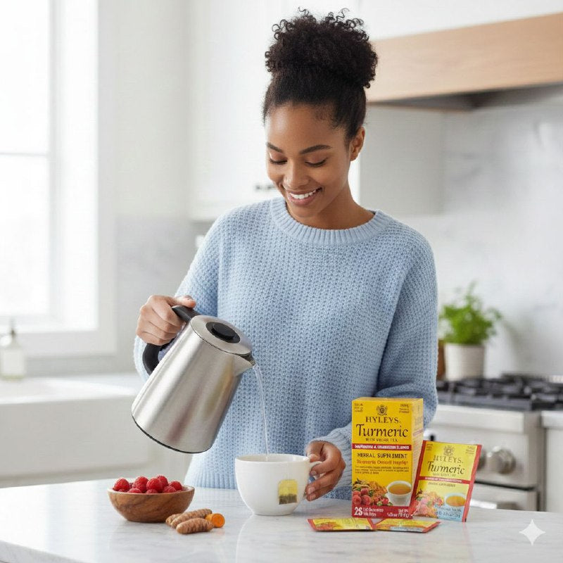 TE HERBAL DE CURCUMA Y TE VERDE, SABOR A FRAMBUESA Y ARANDANO PARA EL BIENESTAR GENERAL HYLEYS 25UND