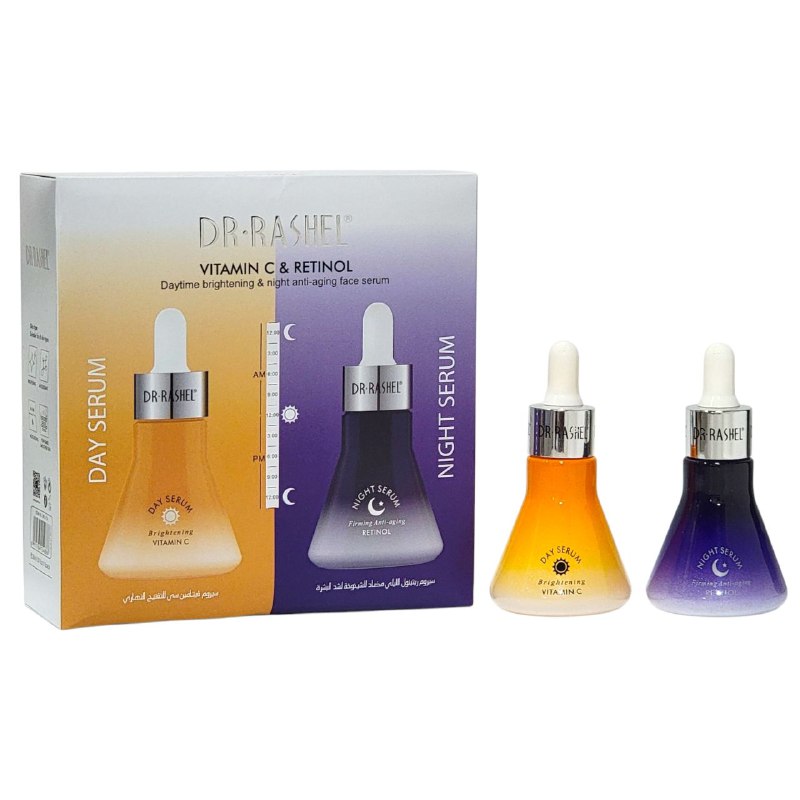 SUERO FACIAL EN SET, SUERO VITAMIAN C Y RETINOL ILUMINADOR ANTIENVEJECIMIENTO ILUMINADOR DE DIA Y NOCHE DR RASHEL 30ML