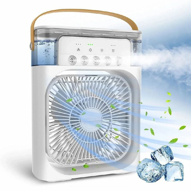 VENTILADOR MINI PORTATIL CON HUMIFICACION DE 3 VELOCIDADES, INCLUYE TANQUE DE AGUA PARA GENERAR NIEBLA FINA REFRESCANTE, SILENCIOSO Y COMODO