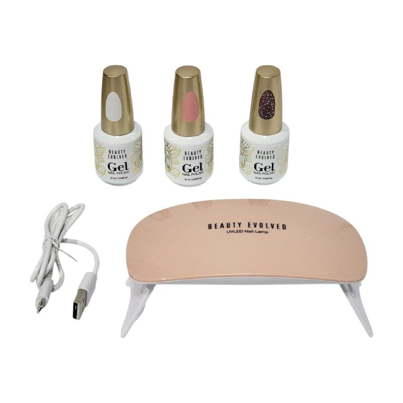 ESMALTE DE UÑAS EN SET DE 4 PIEZAS GEL PRO, 3 ESMALTES DE GEL Y LAMPARA UV LED BEAUTY EVOLVED