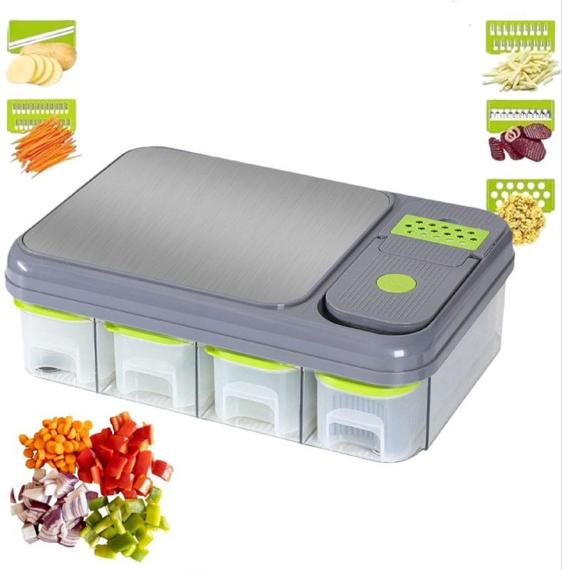 MAQUINA CHISMOLERA DE 28 PIEZAS MULTIUSOS TODO EN UNO, CUCHILLAS INTERCAMBIABLES DE ACERO INOXIDABLE Y 4 COMPARTIMIENTOS CUTTING BOARD 13X30X45CM