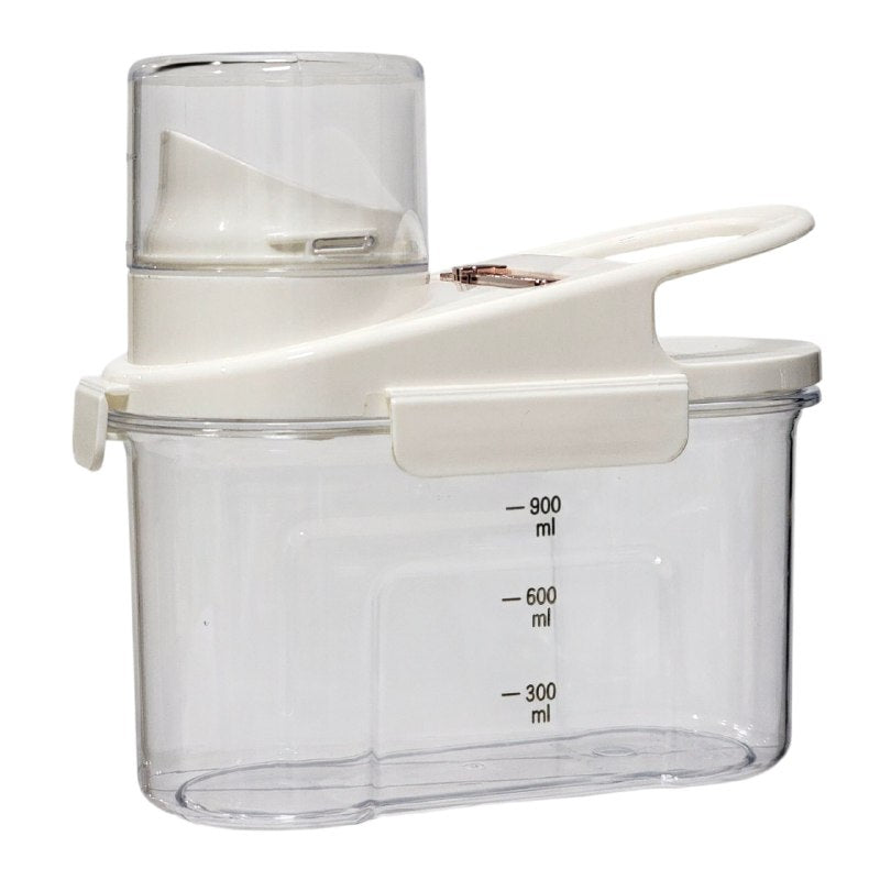 ALMACENADOR DISPENSADOR DE ALIMENTOS CEREALES O GRANOS 900ML, EQUIPADO CON LINEA MEDIDORA Y TAPADERA DE USO FACIL 3 COLORES