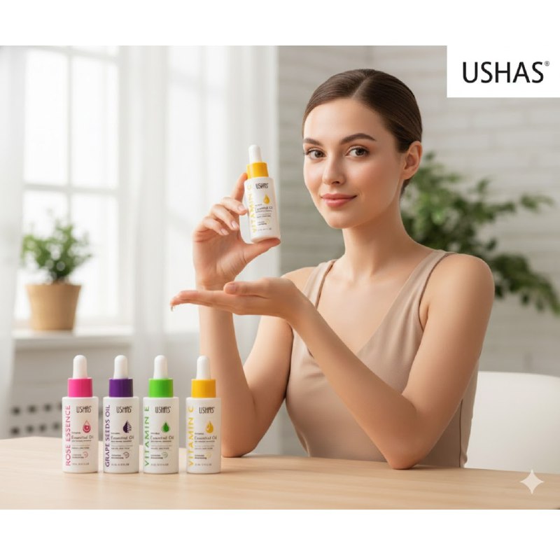 ACEITE FACIAL EN SET PARA EL CUIDADO DE LA PIEL, ESENCIA DE ROSA, SEMILLAS DE UVA, VITAMINA E, VITAMIAN C USHAS 22MLX4