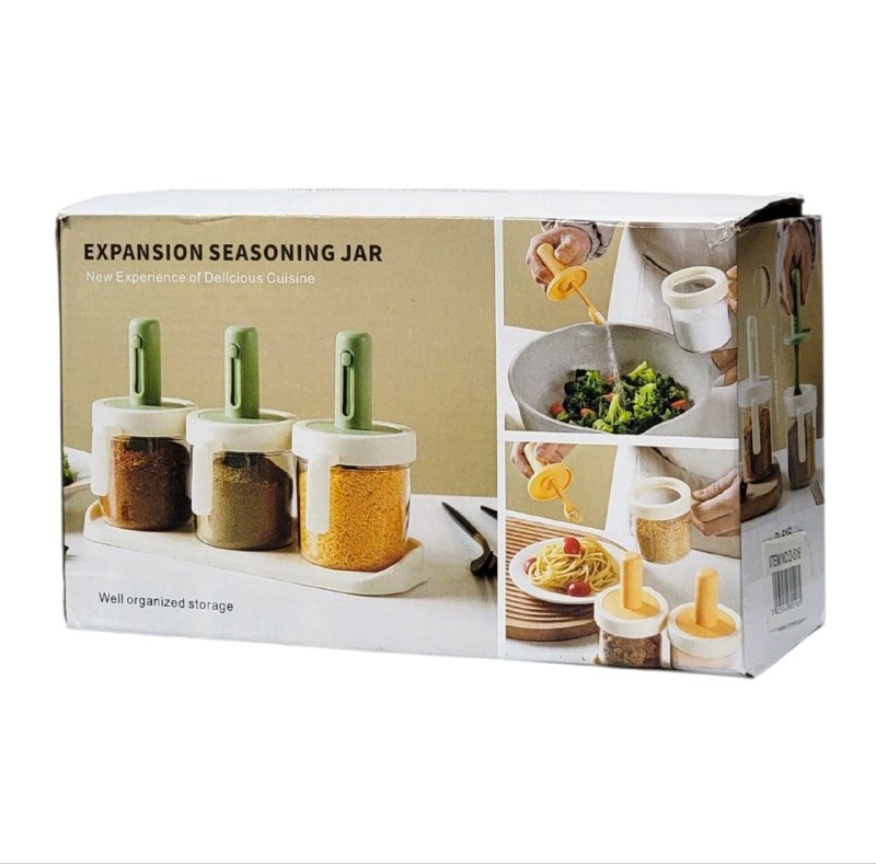 ORGANIZADOR RECIPIENTE FRASCO DE CONDIMENTOS EN SET DE 3 PIEZAS CON CUCHARA EXPANDIBLE, ALMACENA Y DISPENSA ESPECIAS Y CONDIMENTOS EXPASION SEASONING