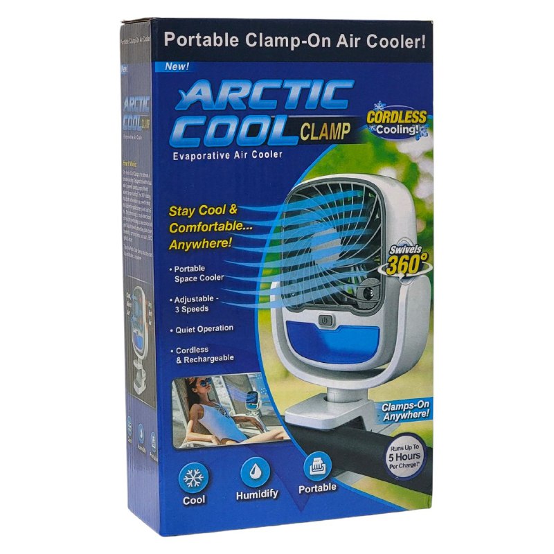 VENTILADOR PORTATIL CON CLIP EXTRA FUERTE, 3 VELOCIDADES, SILENCIOSO, 360 GRADOS, INALAMBRICO Y RECARGABLE, ENFRIADOR Y HUMIFICADOR CON LUZ LED, BATERIA 5H ARTIC COOL CLAMP