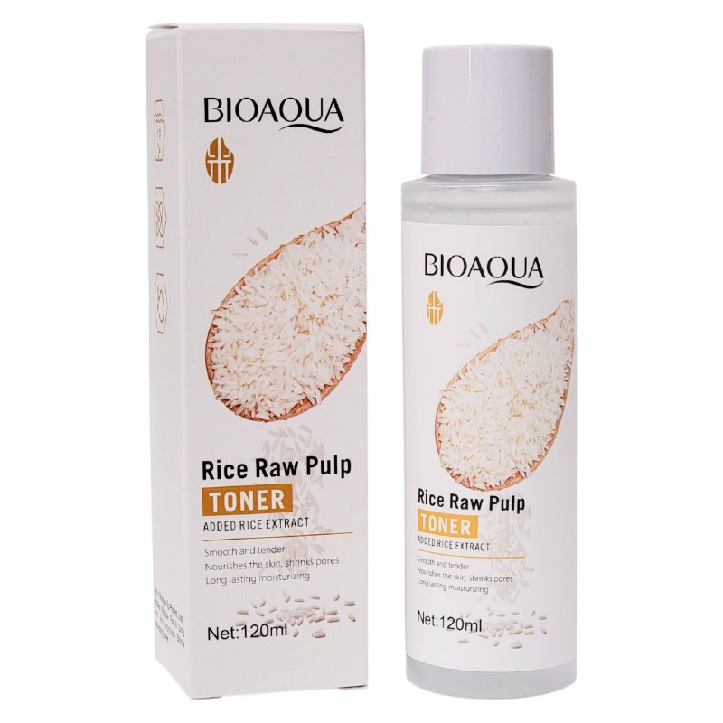 TONICO FACIAL DE PULPA CRUDA DE AROZ, INGREDIENTES QUE CUIDAN LA PIEL COMO ARROZ, TEXTURA CLARA E HIDRATANTE, DEJA LA PIEL SUAVE, RADIANTE Y FLEXIBLE BIOAQUA 120ML