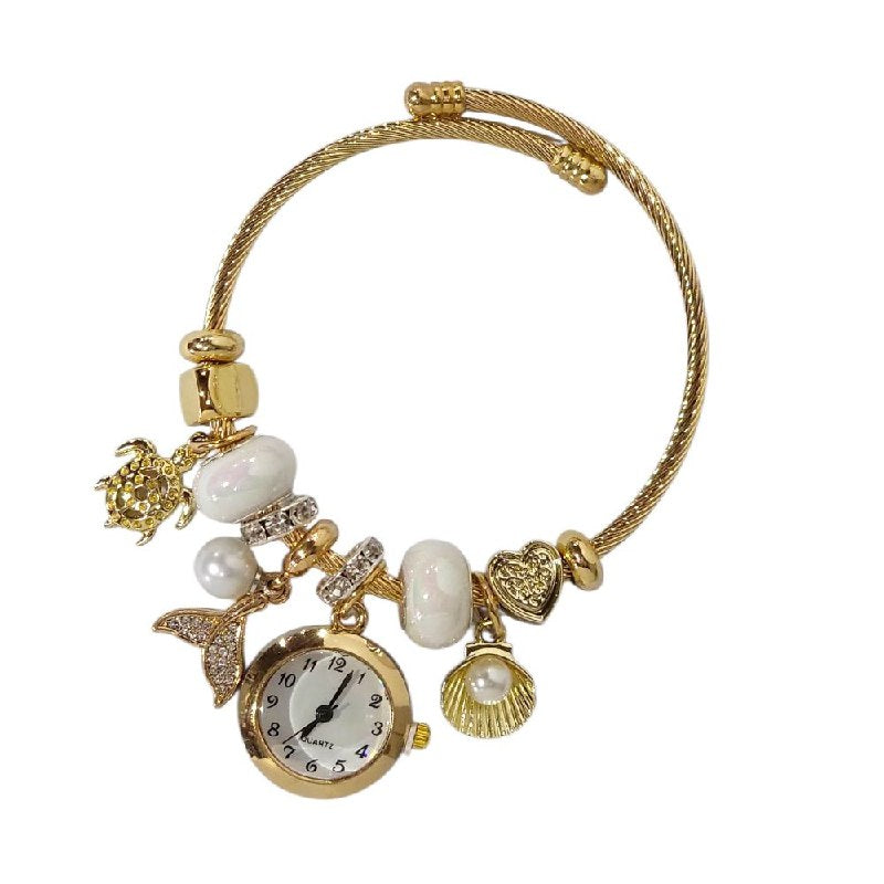 RELOJ ECONOMICO ESTILO PANDORA PARA DAMA DE ACERO CON BAÑO DE ENCHAPE