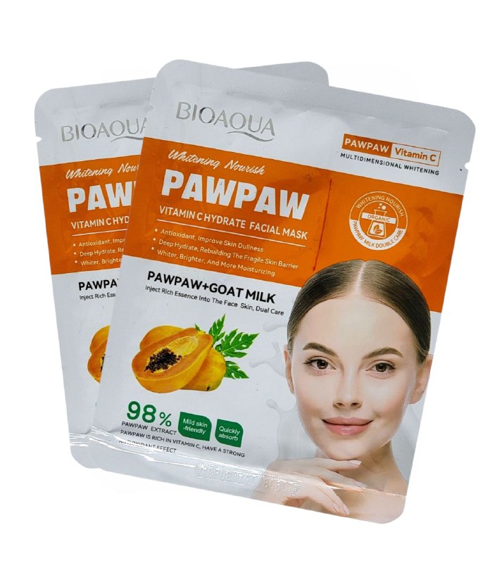 MASCARILLA FACIAL HIDRATANTE DE VITAMINA C Y PAPAYA 25G, ABSORBE PROFUNDAMENTE LA PIEL, SUAVIZA, ILUMINA Y MEJORA LA TEXTURA DE LA PIEL DEJANDOLA SUAVE Y ELASTICA BIOAQUA