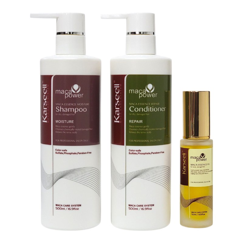 TRATAMIENTO PARA EL CABELLO HIDRATANTE DE 3 PIEZAS SHAMPOO 500ML, ACONDICIONADOR 500ML Y GOTAS 50ML KARSEELL MACA POWER
