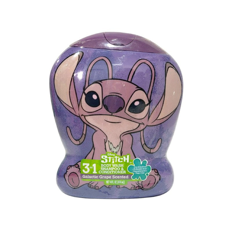 SHAMPOO PARA NIÑAS 3 EN 1 SHAMPOO, ACONDICIONADOR Y SHOWER GEL AROMA A UVA DISNEY STITCH 414ML