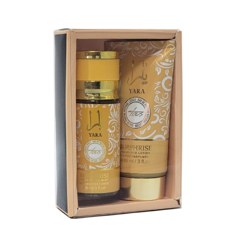 SET MINI YARA TOUS BURPHRISE SPLASH 88ML, BODY LOTION 88ML (M) (AROMA SIMILAR LATTAFA YARA TOUS)