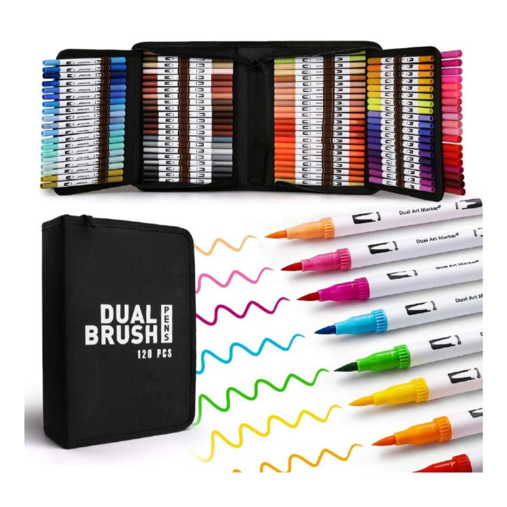 MARCADORES EN SET DE PINCEL DE ACUARELA DOBLE PUNTA 120 COLORES