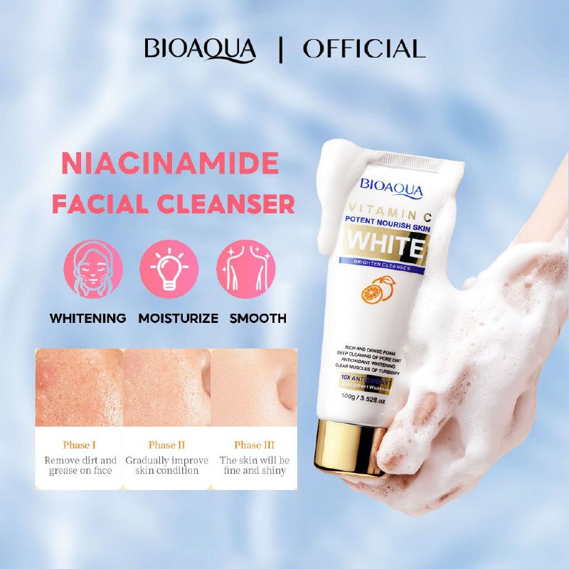 LIMPIADOR FACIAL BLANCO BRILLANTE CON VITAMINA C, ESPUMA RICA, DENSA Y DELICADA, PIEL SUAVE Y LIMPIA LA GRASA BIOAQUA 100G