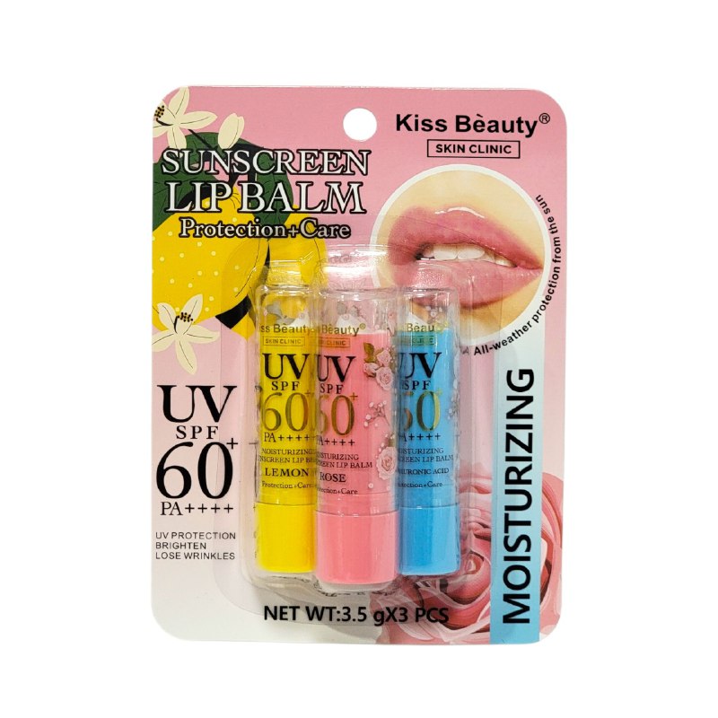 BRILLO LABIAL BALSAMO EN SET DE 3 PIEZAS HUMECTANTE DE LIMON, ACIDO HIALURONICO Y ROSA KISS BEAUTY 3.5GX3