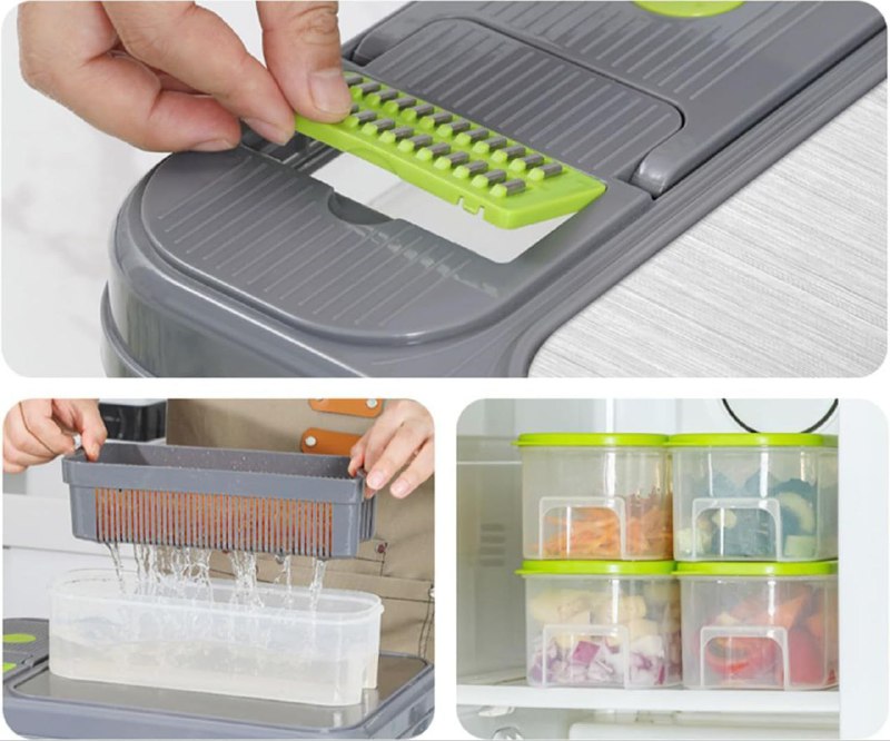 MAQUINA CHISMOLERA DE 28 PIEZAS MULTIUSOS TODO EN UNO, CUCHILLAS INTERCAMBIABLES DE ACERO INOXIDABLE Y 4 COMPARTIMIENTOS CUTTING BOARD 13X30X45CM