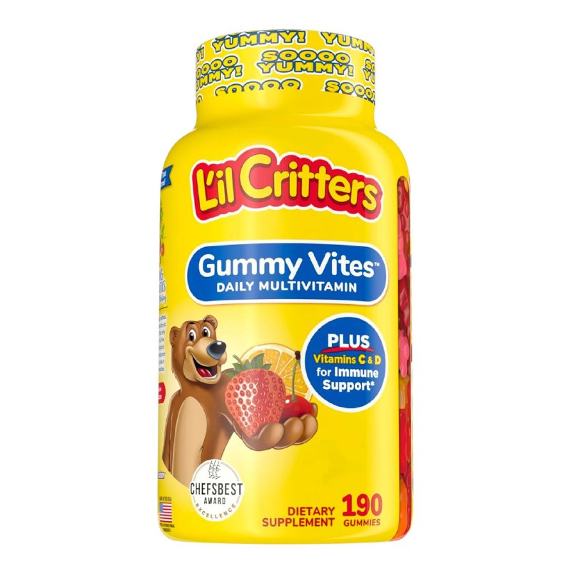 VITAMINAS EN GOMITAS PARA NIÑOS, MULTIVITAMINICO DIARIO, VITAMINAS C Y D PARA EL APOYO INMUNITARIO LIL CRITTERS 190UND
