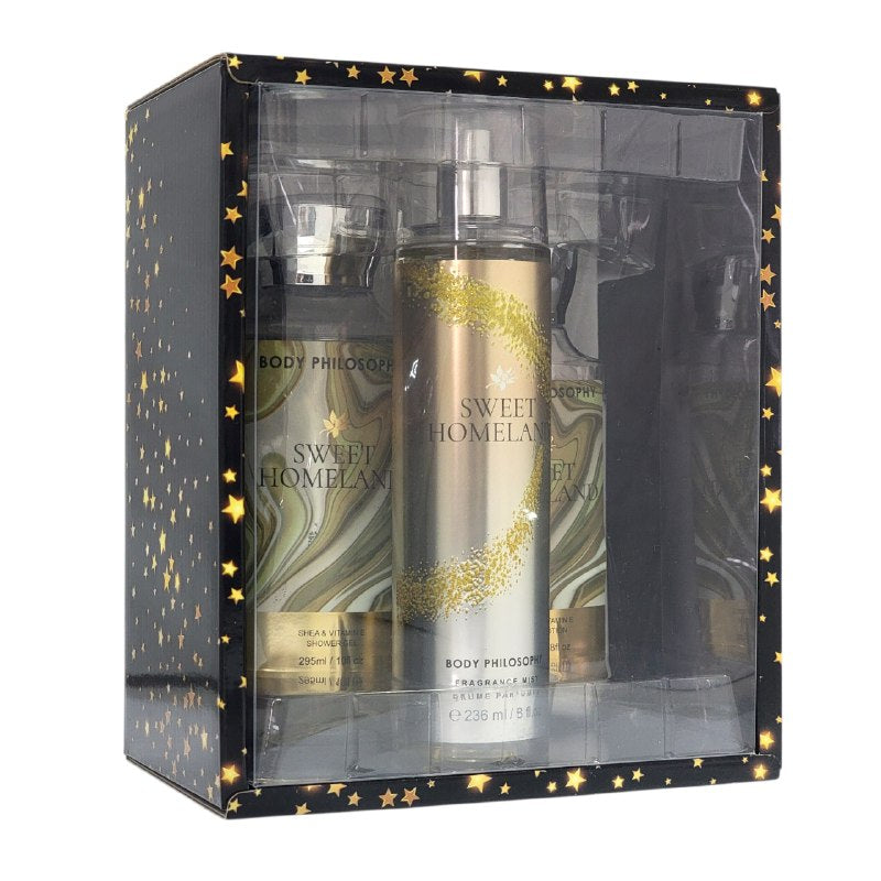SET BODY PHILOSOPHY SWEET HOMELAND SPLASH 250ML, CREMA CORPORAL 236MLX2 (M) DUPE BATH AND BODY IN THE STARS