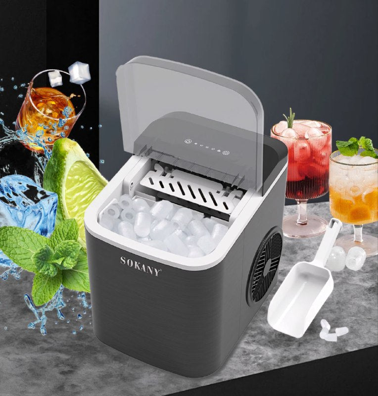 MAQUINA TRITURADORA DE HIELO DOS TAMAÑOS DE CUBITOS, AUTOLIMPIEZA, FACIL DE USAR, HASTA 26LBS DE HIELO CREA SOKANY ICE MAKER SK-03038