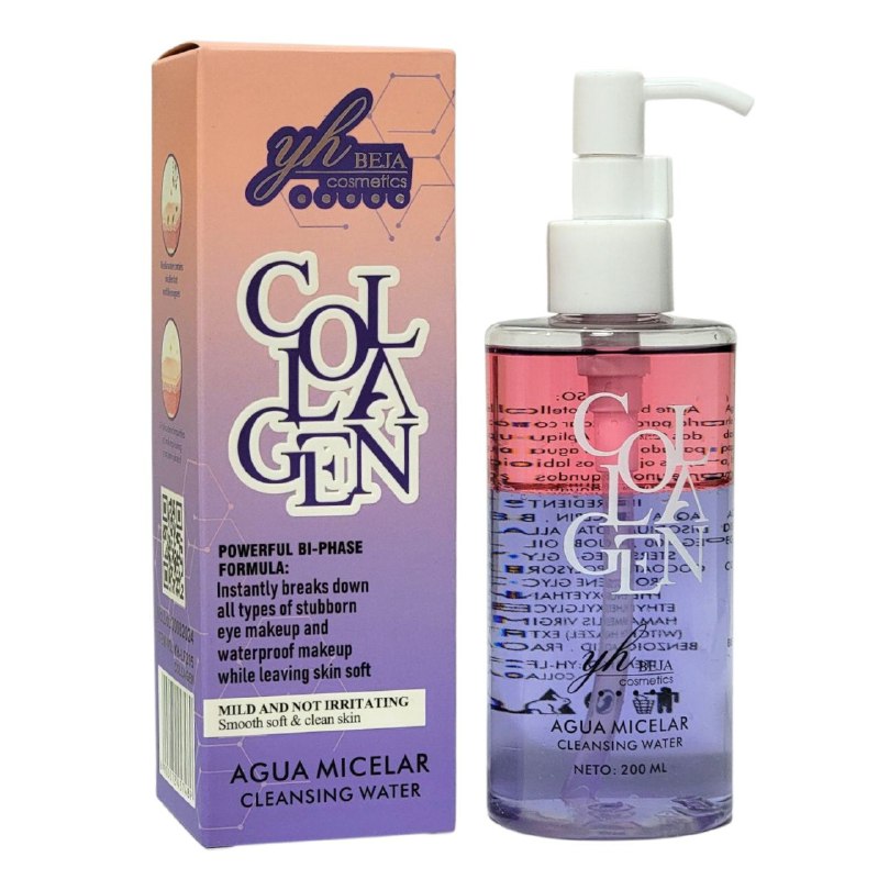 AGUA MICELAR CON COLAGENO DE LIMPIEZA PROFUNDA 200ML, SE ADAPTA A LA PIEL AYUDANDOLA A PROTEGERLA DE DAÑOS EXTERNOS, ELIMINANDO TODO TIPO DE MAQUILLAJE YH BEJA COSMETICS