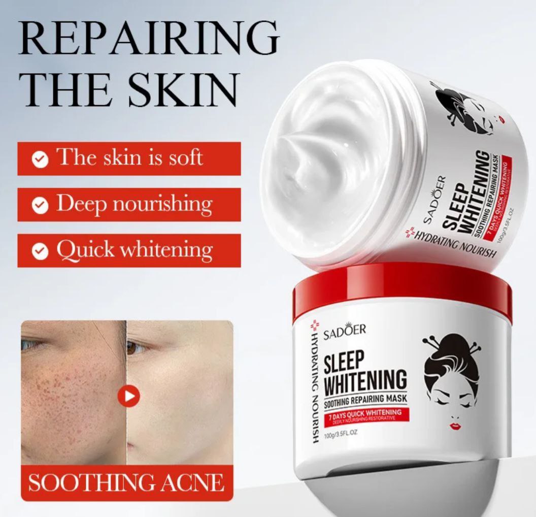 MASCARILLA FACIAL DE NOCHE, REPARADORA, CALMANTE Y BLANQUEADORA, CON NIACINAMIDA, ACIDO HIALURONICO Y VITAMINA C, ACLARA MANCHAS OSCURAS SADOER SLEEP WHITENNING 100G
