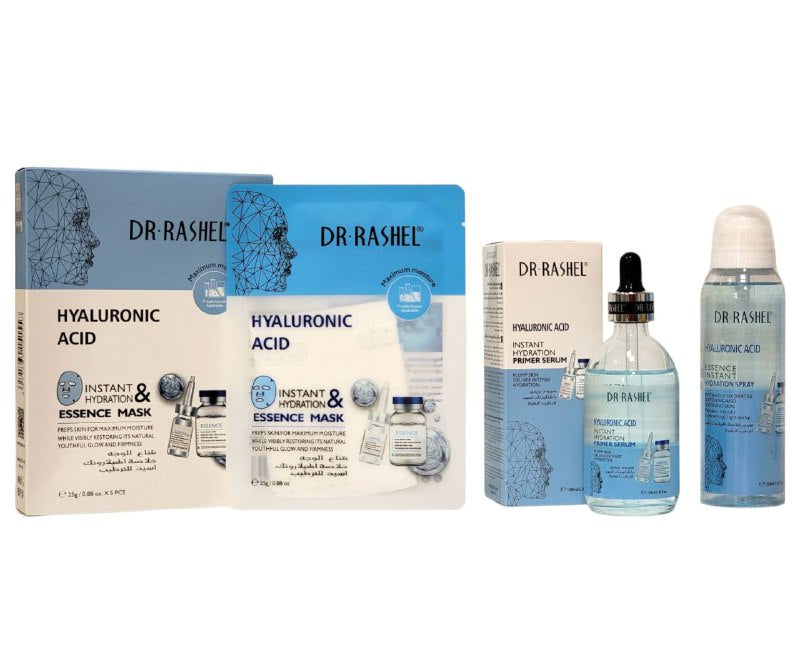SET DE CUIDADO FACIAL DE 3 PIEZAS DE ACIDO HIALURONICO, HIDRATACION INTENSA, ESENCIA EN SPRAY HIDRATANTE 160ML, SUERO 100ML, MASCARILLA 88OZX5 DR RASHEL SKIN CARE