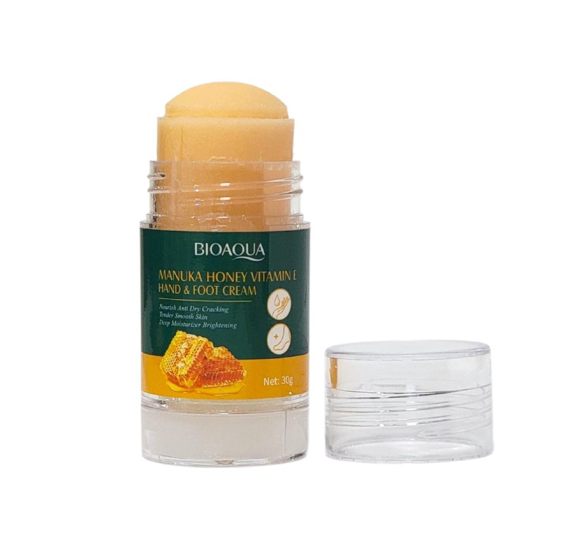 CREMA CORPORAL PARA MANOS Y PIES EN BARRA DE MIEL DE MANUKA Y VITAMINA E SUAVIZANTE 30G, ES UNA CREMA NUTRITIVA QUE MEJORA Y PREVIENE ARRUGAS EN LAS MANOS Y PIES, REPARANDO Y NUTRIENDO PROFUNDAMENTE BIOAQUA