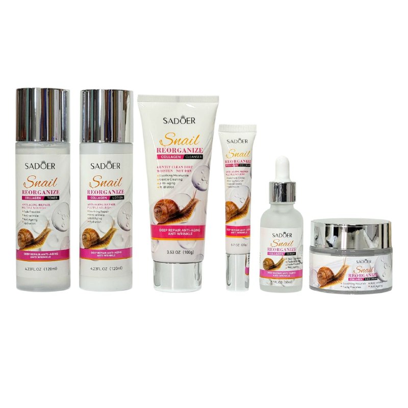 SET DE CUIDADO FACIAL DE CARACOL DE 6 PIEZAS, EFECTO REPARADOR CON COLAGENO, ANTIEDAD SADOER SNAIL REORGANIZE