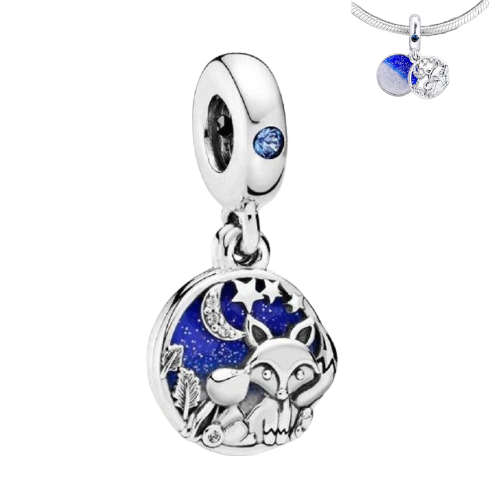 PCHARM1859 COLGANTE DOBLE LUNA,ESTRELLAS, LOBO Y CONEJO FONDO AZUL